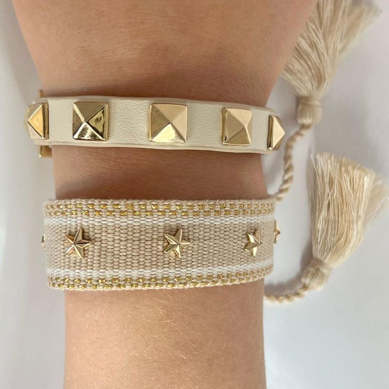 Woven Friendship Bracelet W/Star Studs Light Sand W/Gold